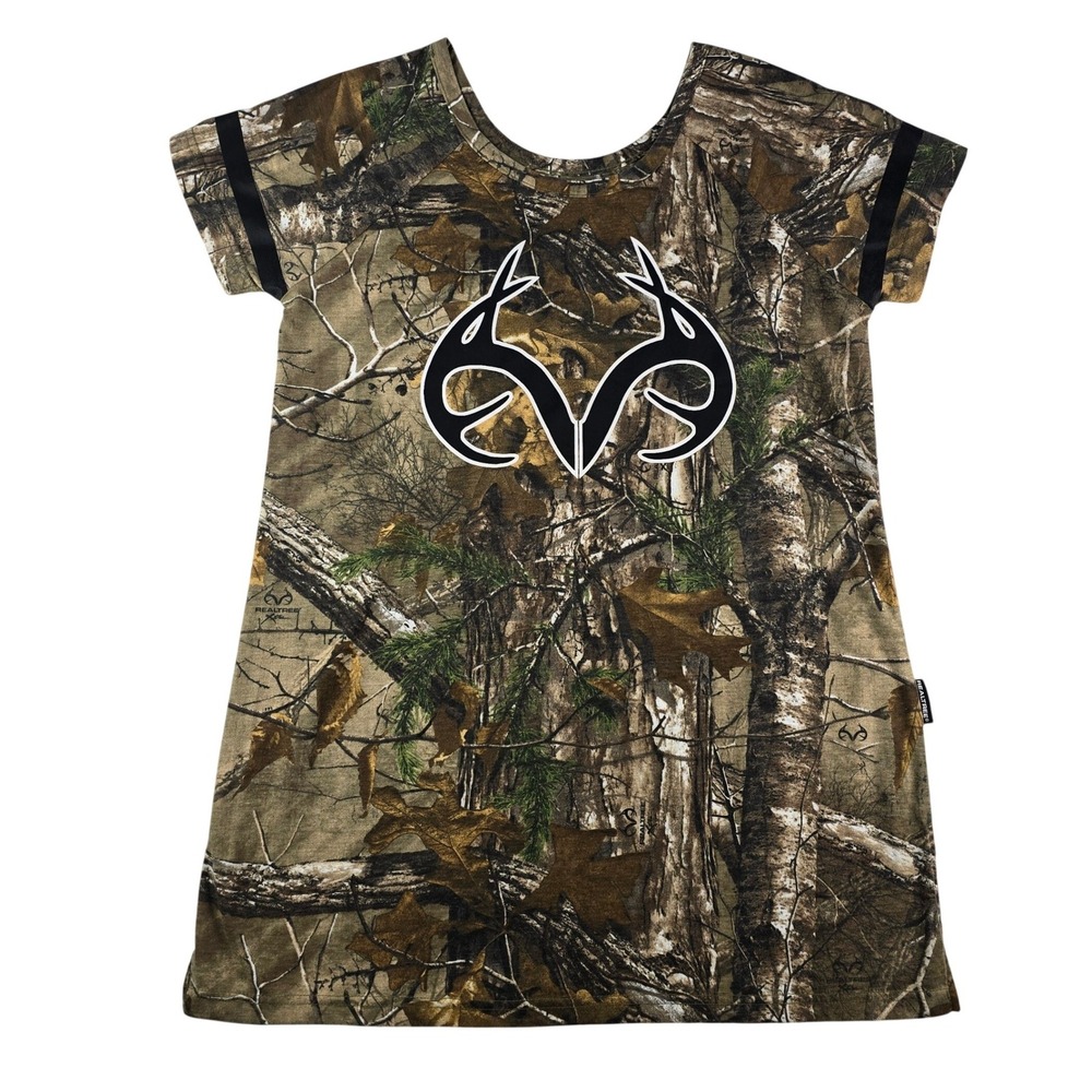 Realtree Camo Print Logo T-Shirt Womens L Brown Green Antler Short Sleeve Stripe